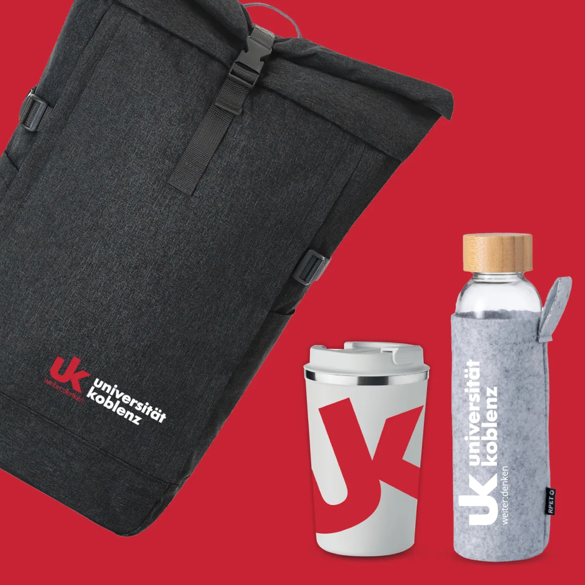 Praktische Accessoires im Design der Universität Koblenz – von Taschen bis Tassen.